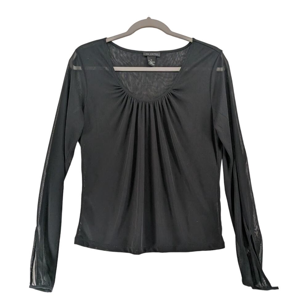 The Limited Sheer Blouse M Black Pleated Long Open Sleeve Crew Neck Shirt Office